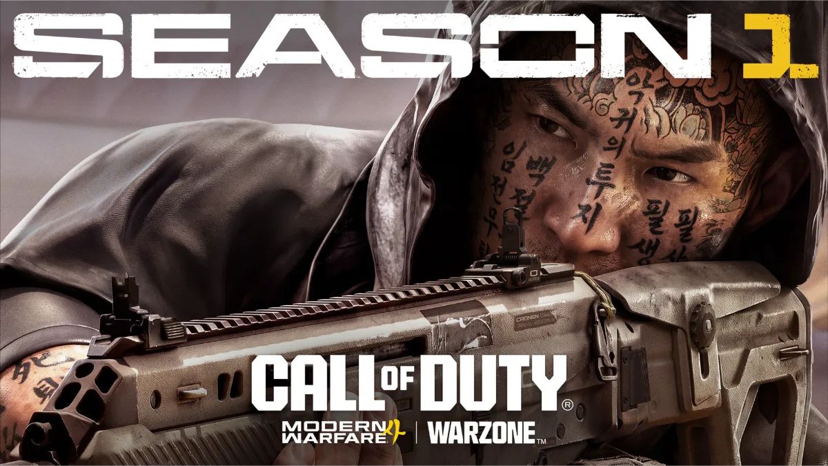 Arte oficial de la temporada 1 de Call of Duty: Modern Warfare 4 y Warzone: un operador encapuchado con el rostro tatuado apunta con un fusil bajo el texto Season 1.