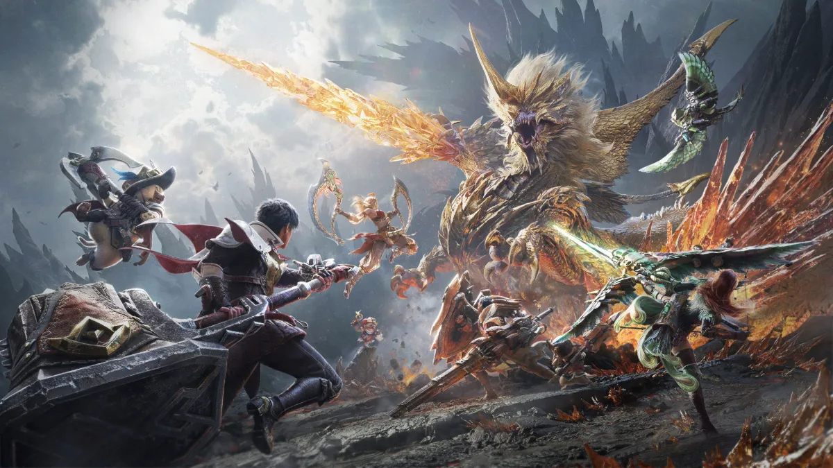 Arte oficial de Monster Hunter Outlanders: un grupo de cazadores y sus compañeros se enfrenta a un enorme dragón dorado con melena y una cola de cristales ardientes.