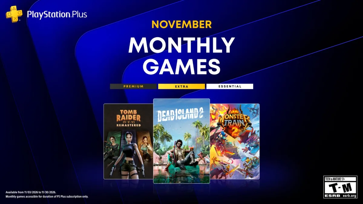 Cartel de los juegos mensuales de PlayStation Plus de noviembre con las portadas de Tomb Raider IV-VI Remastered, Dead Island 2 y Monster Train 2 sobre fondo azul.