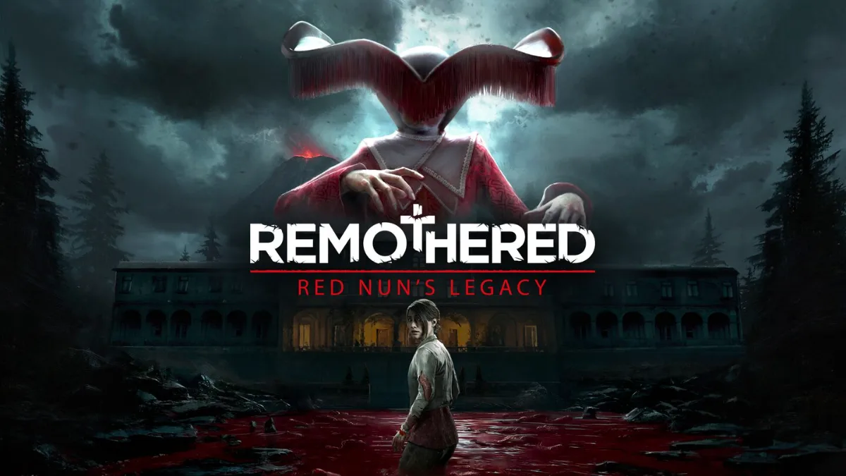 Remothered: Red Nun's Legacy, videojuego de terror desarrollado por Stormind Games: la Monja Roja se alza sobre la mansión de los Ashmann mientras Susan camina por un lago de sangre.