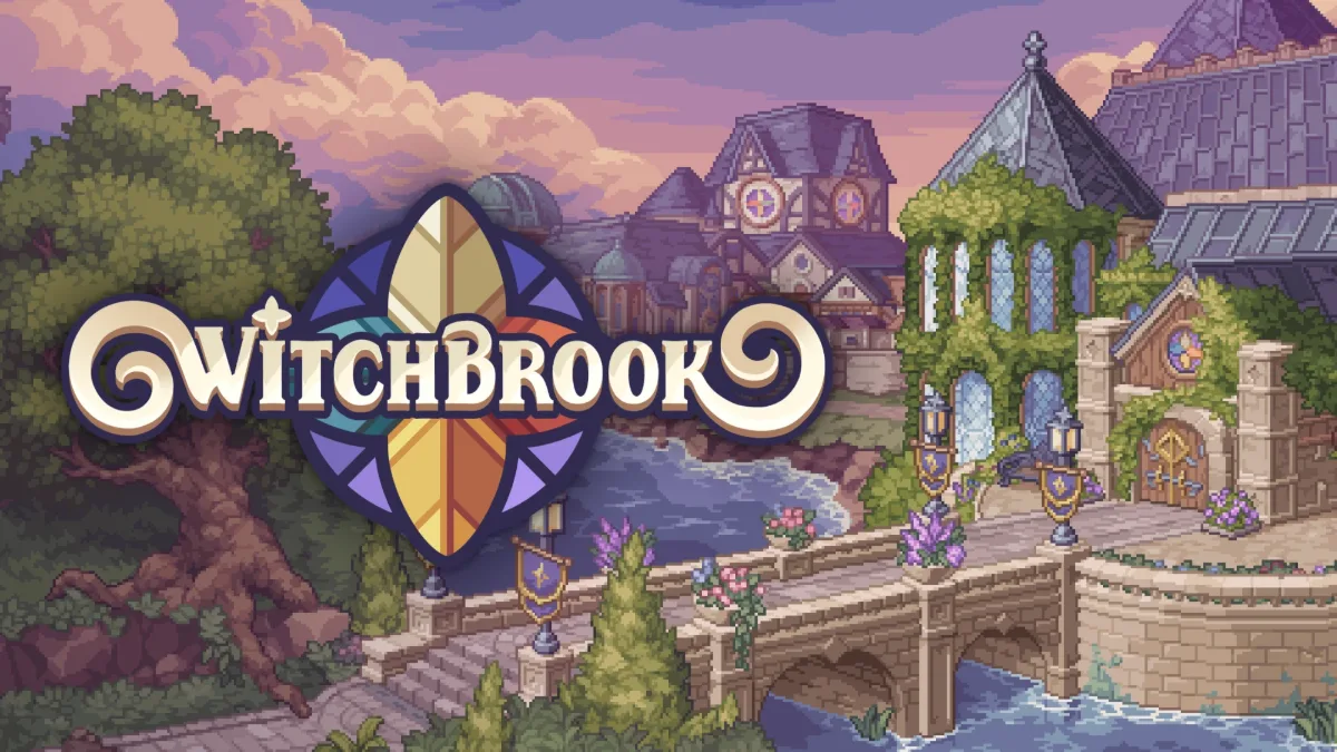 Logotipo de Witchbrook sobre una vista en pixel art de Mossport, con un puente de piedra, un río y edificios cubiertos de hiedra al atardecer.
