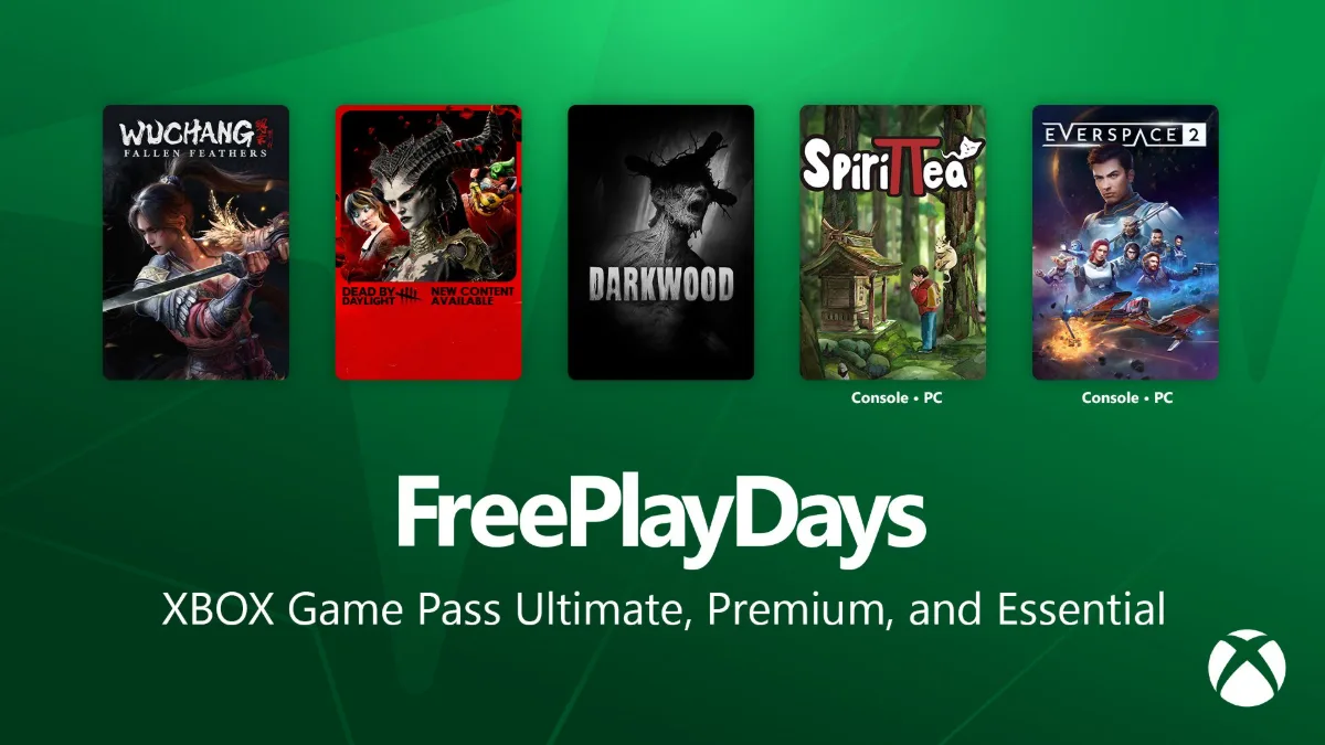 Imagen oficial de Free Play Days sobre fondo verde con las portadas de WUCHANG: Fallen Feathers, Dead by Daylight, Darkwood, Spirittea y EVERSPACE 2.